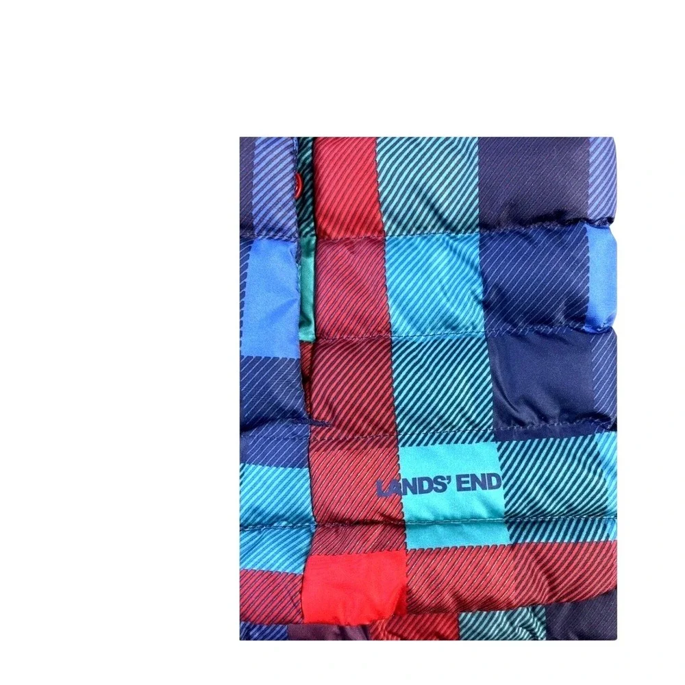 Lands End Womens Down Fill Puffer‎ Vest Rainbow Plaid Jacket Full Zip Size S